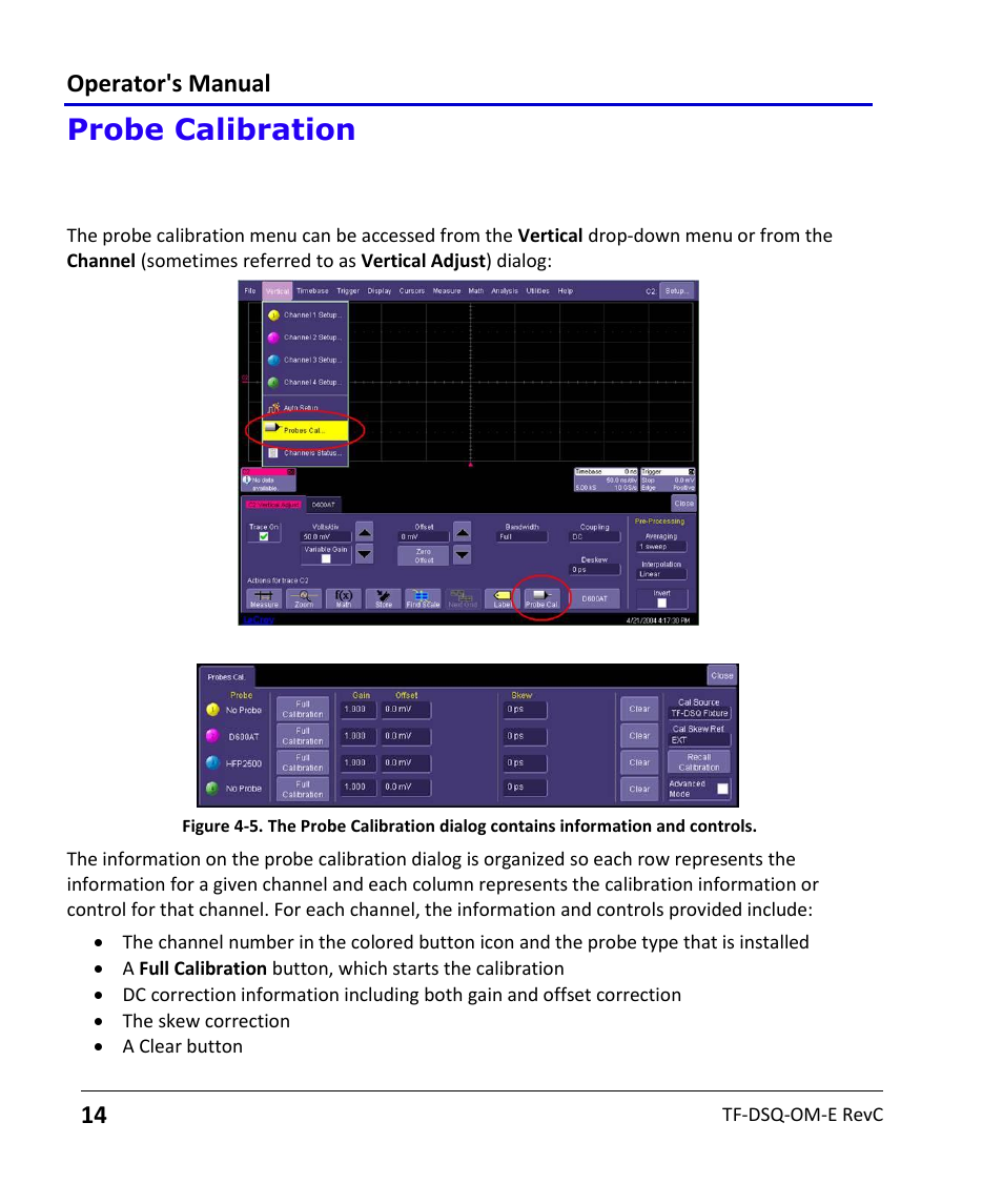 Probe calibration, Probe calibration menu, Accessing the probe calibration menu | Probe calibration menu description, Probe calibration menu access, Operator's manual | Teledyne LeCroy TF-DSQ User Manual | Page 14 / 31