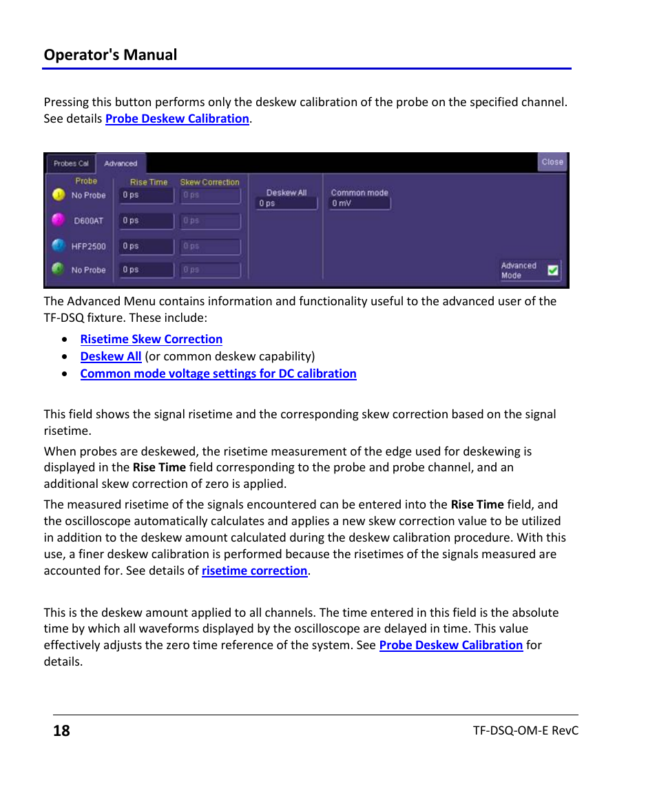 Deskew only, The advanced menu, Rise time skew correction | Deskew all (or common skew), Operator's manual | Teledyne LeCroy TF-DSQ User Manual | Page 18 / 31