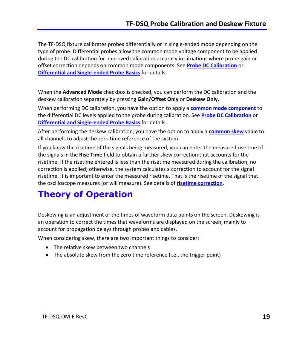 Common mode voltage selection, Advanced probe calibration, Theory of operation | Deskew theory of operation, Probe deskew calibration, Deskew calibration, Common mode voltage settings for dc calibration, Tf-dsq probe calibration and deskew fixture | Teledyne LeCroy TF-DSQ User Manual | Page 19 / 31