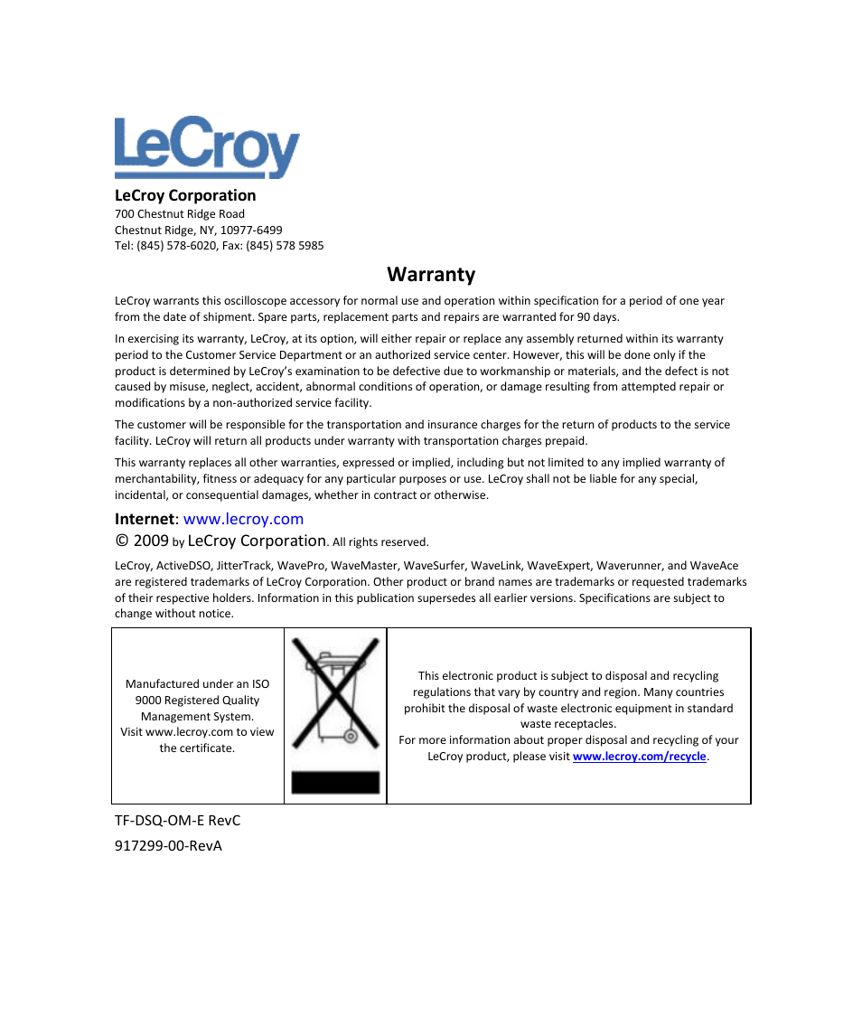 Warranty | Teledyne LeCroy TF-DSQ User Manual | Page 3 / 31