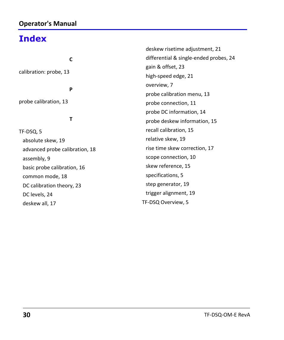 Index, Operator's manual | Teledyne LeCroy TF-DSQ User Manual | Page 30 / 31