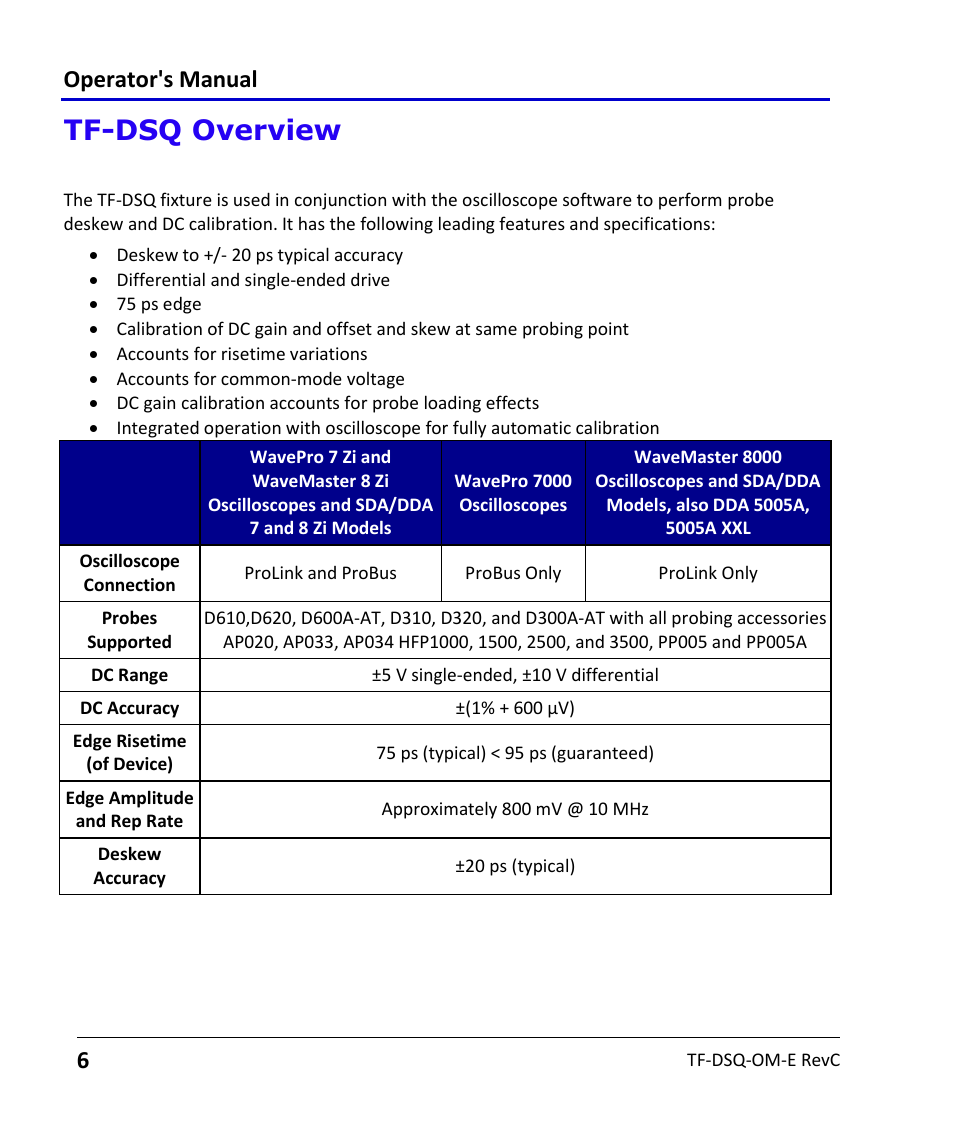 Probe calibration with the tf-dsq fixture, Probe calibration steps with the tf-dsq fixture, Tf-dsq overview | Operator's manual | Teledyne LeCroy TF-DSQ User Manual | Page 6 / 31