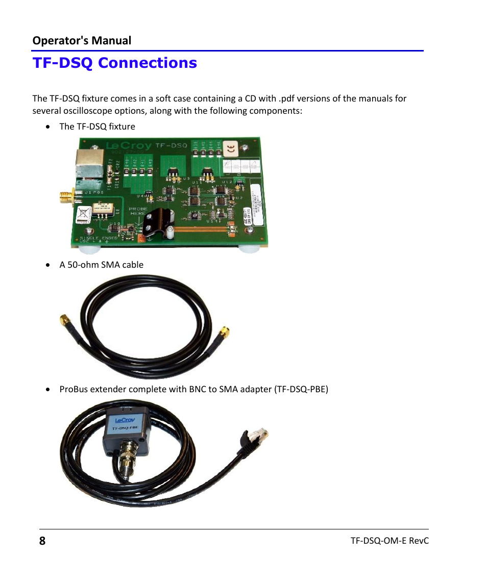 Tf-dsq fixture overview, Tf-dsq connections, Operator's manual | Teledyne LeCroy TF-DSQ User Manual | Page 8 / 31