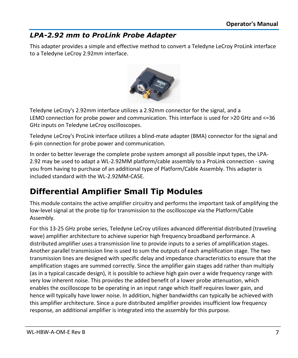 Differential amplifier small tip modules | Teledyne LeCroy WaveLink Differential Probe Series (13-25 GHz) User Manual | Page 13 / 93