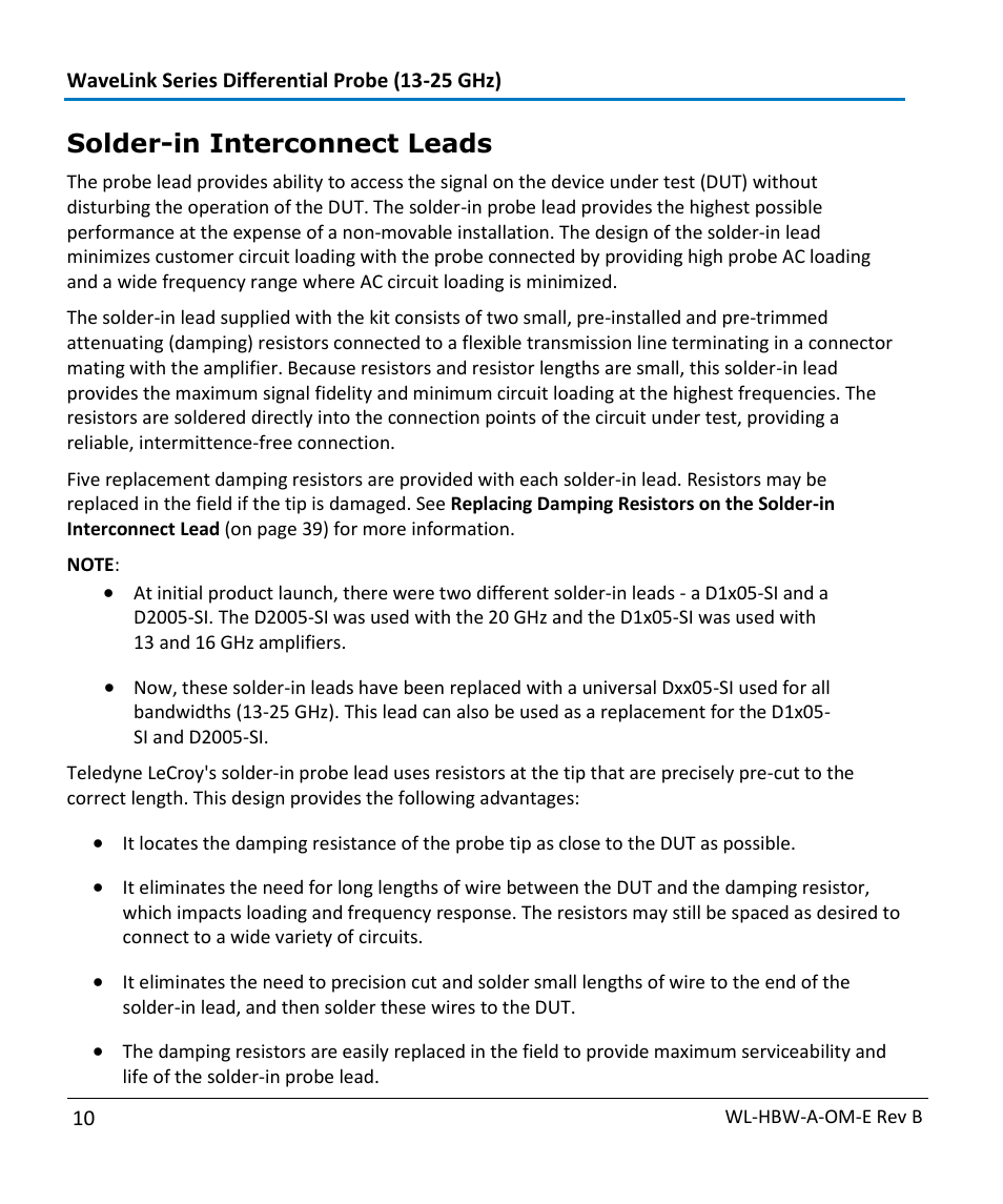 Solder-in interconnect leads | Teledyne LeCroy WaveLink Differential Probe Series (13-25 GHz) User Manual | Page 16 / 93