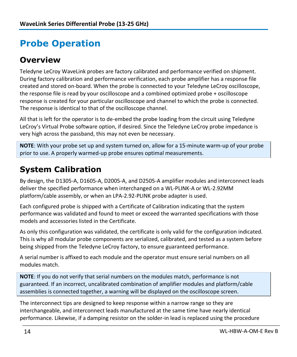 Probe operation, Overview, System calibration | Teledyne LeCroy WaveLink Differential Probe Series (13-25 GHz) User Manual | Page 20 / 93