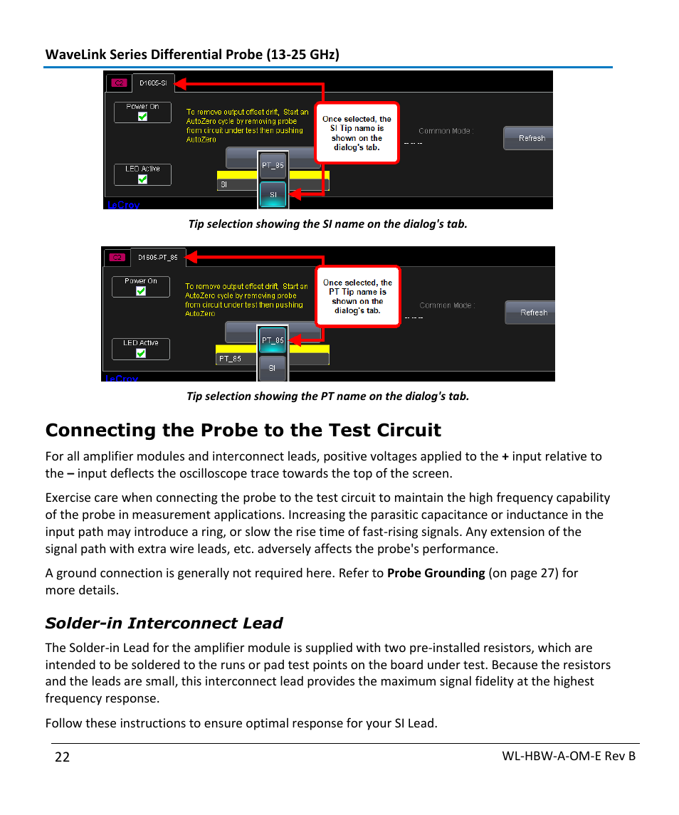 Connecting the probe to the test circuit | Teledyne LeCroy WaveLink Differential Probe Series (13-25 GHz) User Manual | Page 28 / 93
