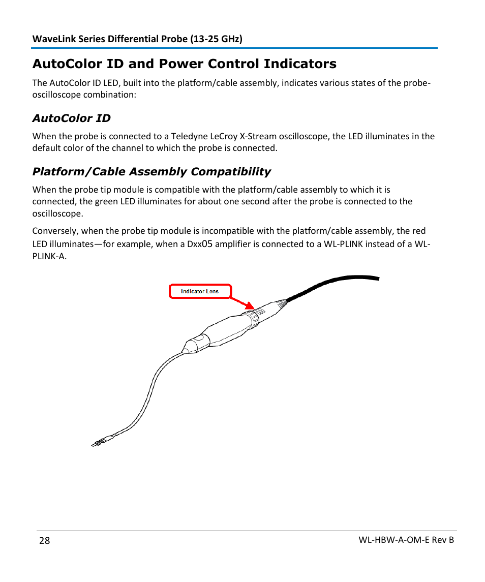Autocolor id and power control indicators | Teledyne LeCroy WaveLink Differential Probe Series (13-25 GHz) User Manual | Page 34 / 93