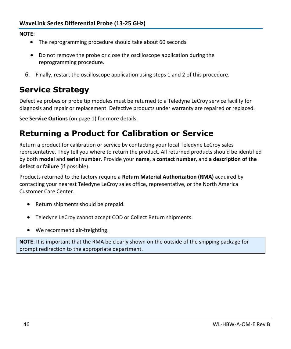 Service strategy, Returning a product for calibration or service | Teledyne LeCroy WaveLink Differential Probe Series (13-25 GHz) User Manual | Page 52 / 93