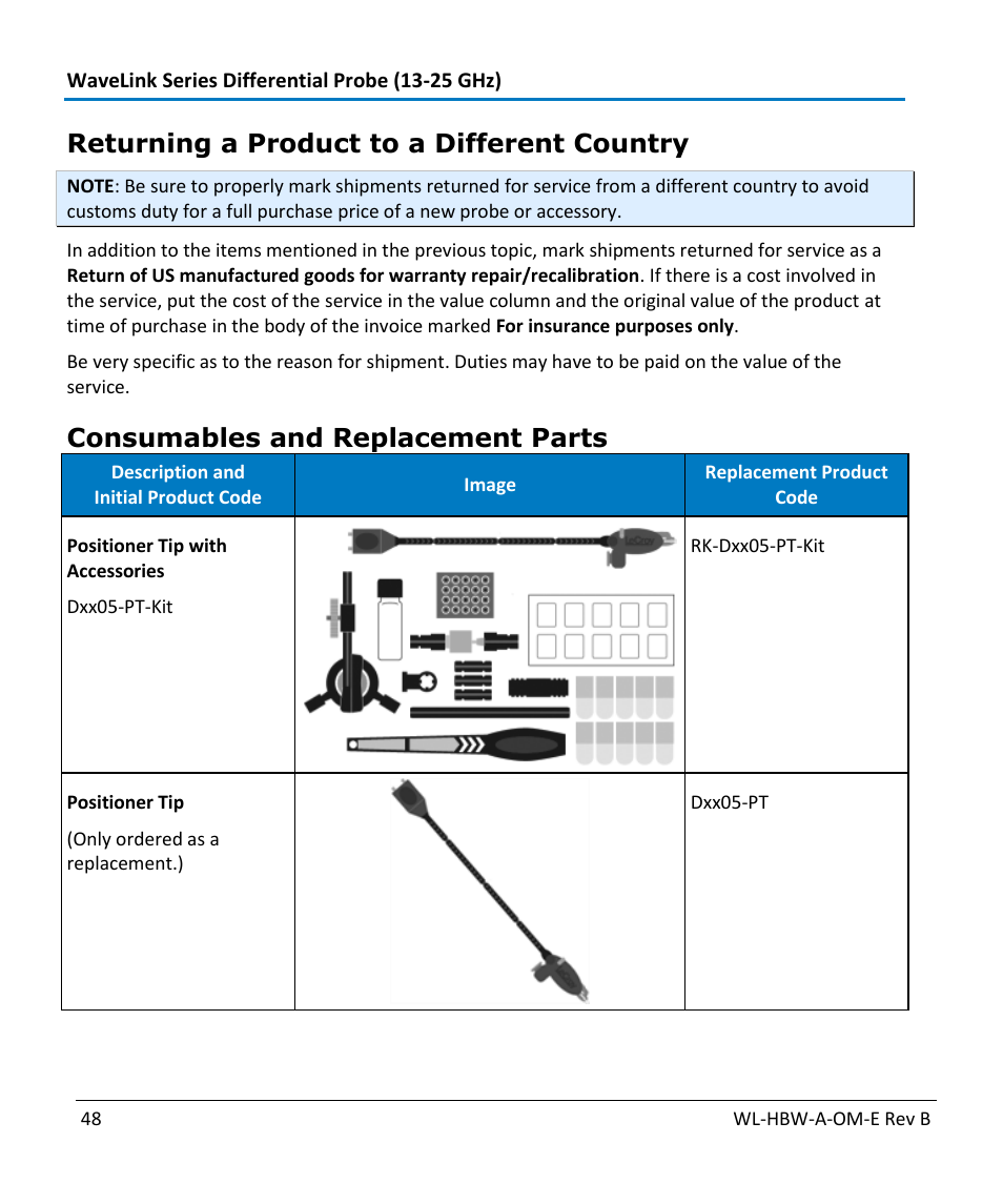 Returning a product to a different country, Consumables and replacement parts | Teledyne LeCroy WaveLink Differential Probe Series (13-25 GHz) User Manual | Page 54 / 93