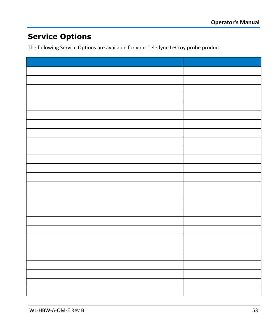 Service options, Operator's manual, Wl-hbw-a-om-e rev b 53 | Teledyne LeCroy WaveLink Differential Probe Series (13-25 GHz) User Manual | Page 59 / 93