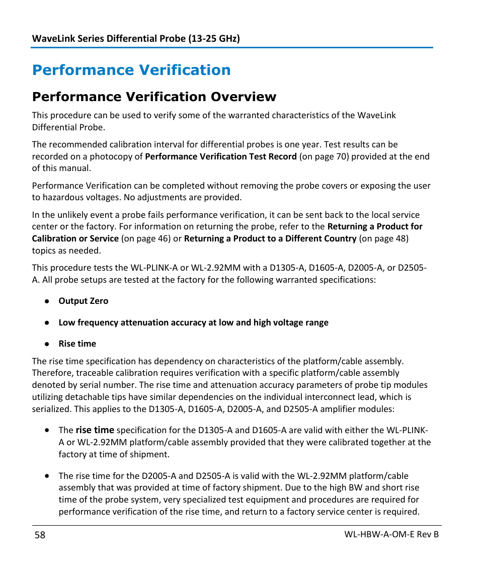 Performance verification, Performance verification overview | Teledyne LeCroy WaveLink Differential Probe Series (13-25 GHz) User Manual | Page 64 / 93