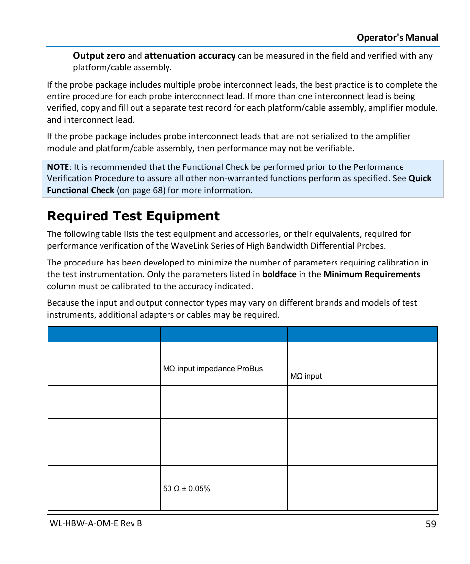 Required test equipment, Operator's manual, 59 output zero | Attenuation accuracy | Teledyne LeCroy WaveLink Differential Probe Series (13-25 GHz) User Manual | Page 65 / 93