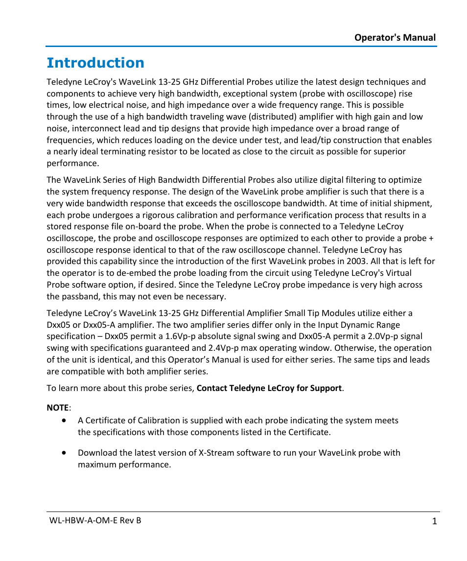 Introduction | Teledyne LeCroy WaveLink Differential Probe Series (13-25 GHz) User Manual | Page 7 / 93