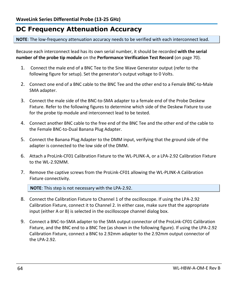 Dc frequency attenuation accuracy | Teledyne LeCroy WaveLink Differential Probe Series (13-25 GHz) User Manual | Page 70 / 93