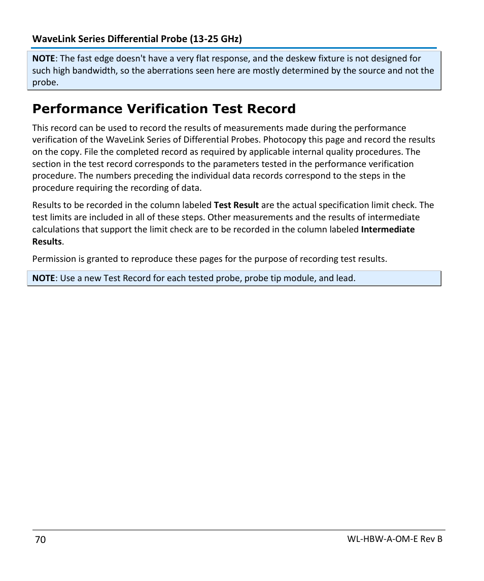 Performance verification test record | Teledyne LeCroy WaveLink Differential Probe Series (13-25 GHz) User Manual | Page 76 / 93