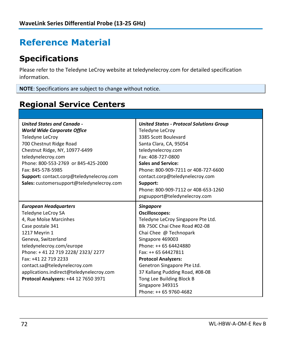 Reference material, Specifications, Regional service centers | Teledyne LeCroy WaveLink Differential Probe Series (13-25 GHz) User Manual | Page 78 / 93