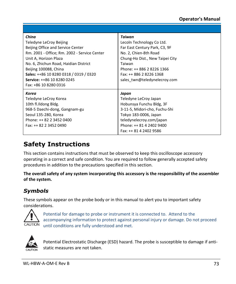 Safety instructions | Teledyne LeCroy WaveLink Differential Probe Series (13-25 GHz) User Manual | Page 79 / 93