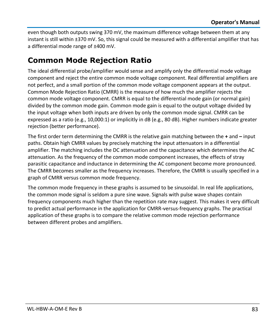 Common mode rejection ratio | Teledyne LeCroy WaveLink Differential Probe Series (13-25 GHz) User Manual | Page 89 / 93