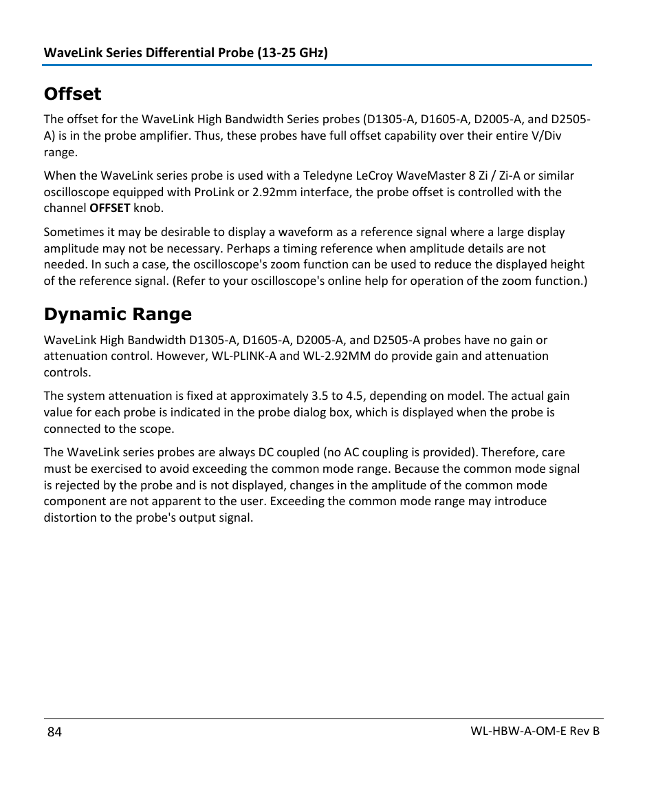 Offset, Dynamic range | Teledyne LeCroy WaveLink Differential Probe Series (13-25 GHz) User Manual | Page 90 / 93