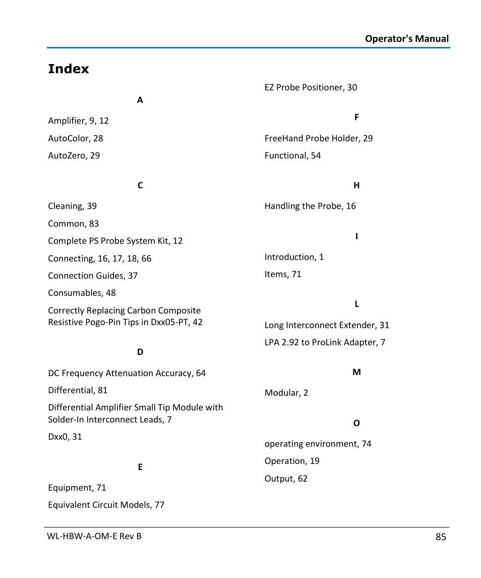 Index | Teledyne LeCroy WaveLink Differential Probe Series (13-25 GHz) User Manual | Page 91 / 93