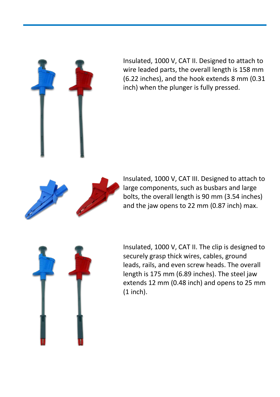 Description of accessories, Plunger hook clip (1 red, 1 blue), Safety alligator clip (1 red, 1 blue) | Plunger jaw clip (1 red, 1 blue) | Teledyne LeCroy ADP300_305 User Manual | Page 13 / 38