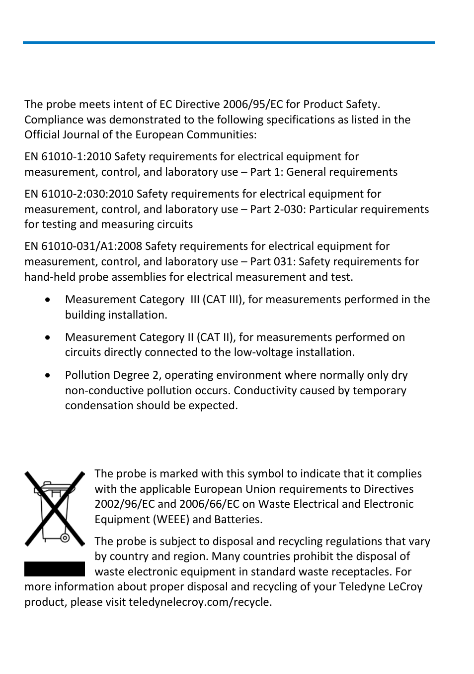 Safety compliance, Ec declaration of conformity – low voltage, Environmental compliance | End-of-life handling | Teledyne LeCroy ADP300_305 User Manual | Page 34 / 38