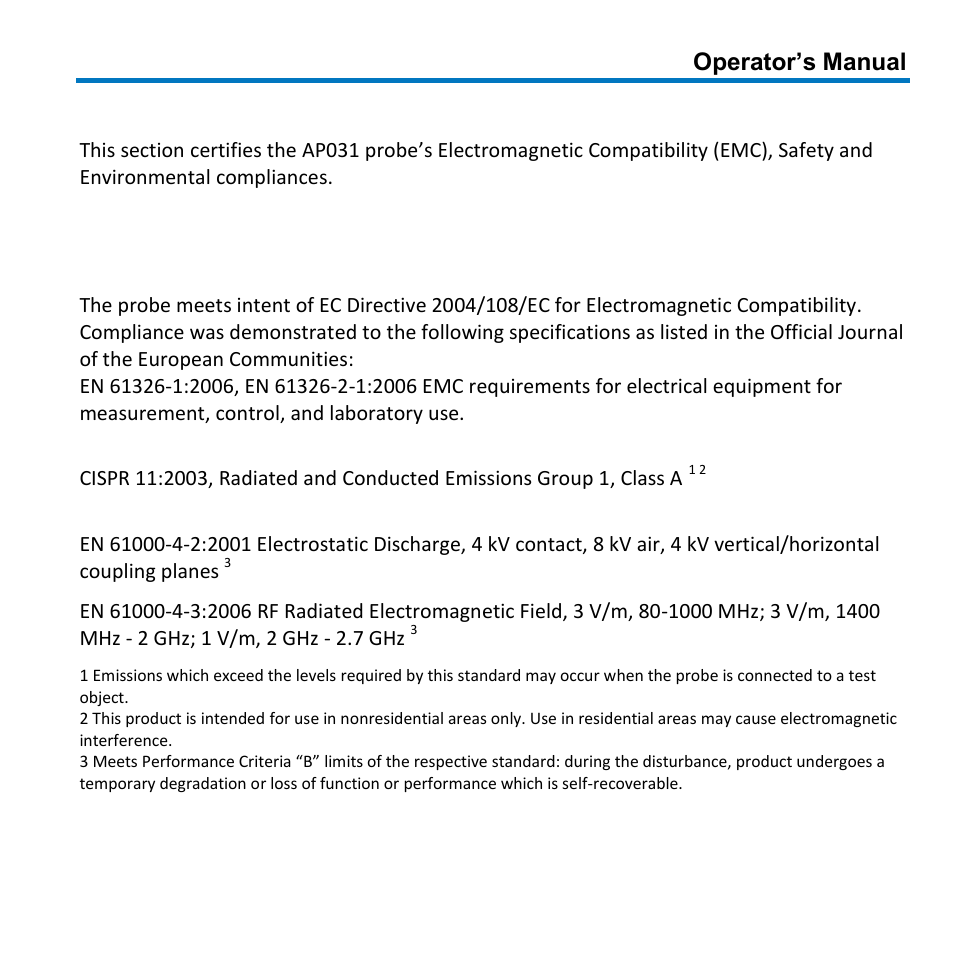 Certifications, Emc compliance, Operator’s manual | Ec declaration of conformity - emc | Teledyne LeCroy AP031 User Manual | Page 13 / 20