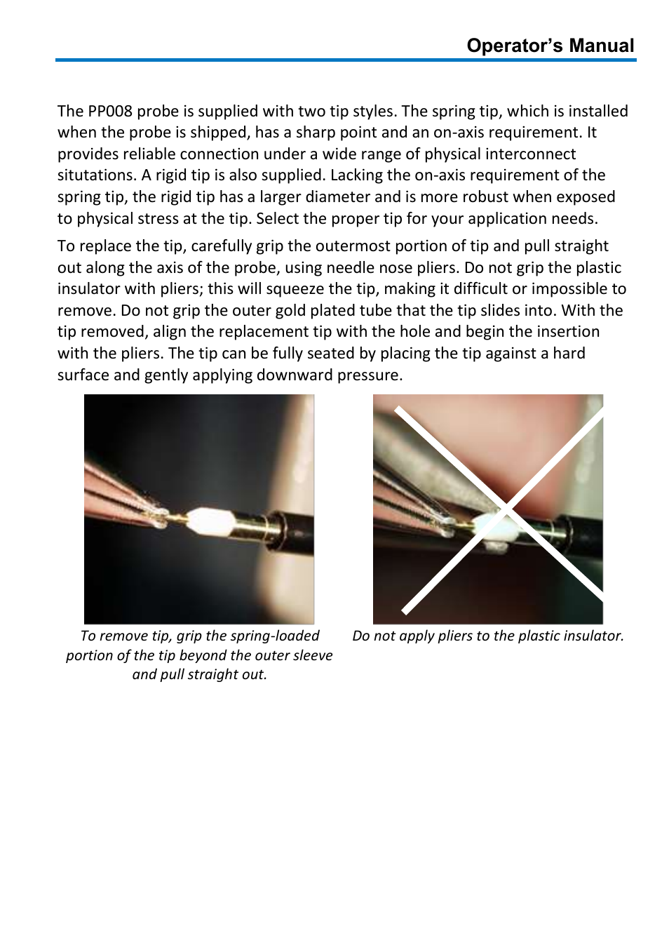 Tip selection and replacement, Operator’s manual | Teledyne LeCroy PP008 User Manual | Page 15 / 20