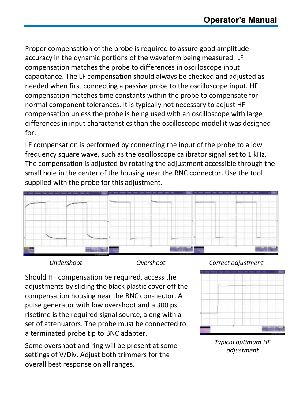Probe compensation, Operator’s manual | Teledyne LeCroy PP011 User Manual | Page 13 / 20