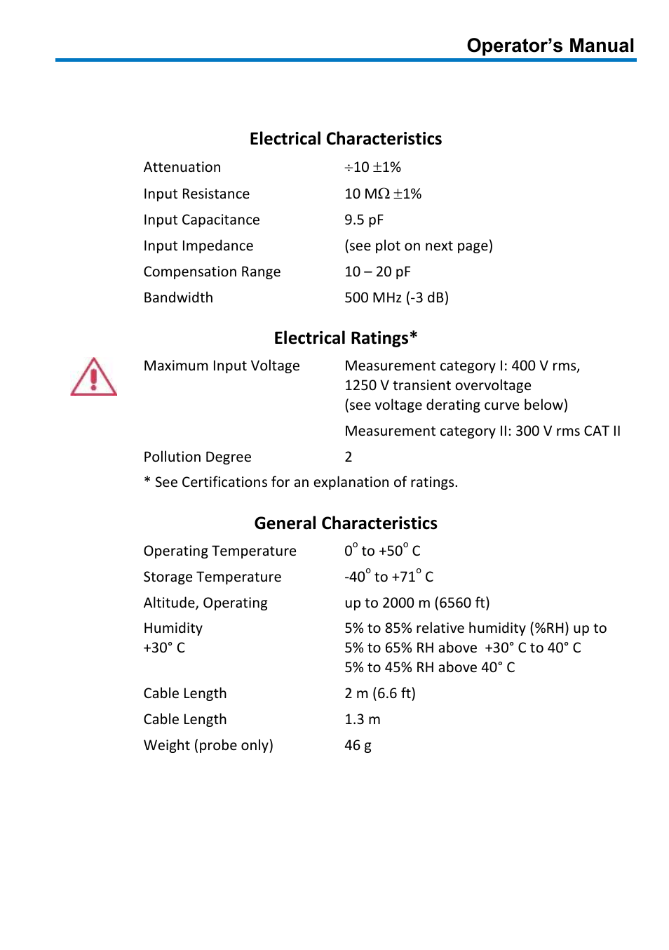 Specifications, Operator’s manual, Electrical characteristics | Electrical ratings, General characteristics | Teledyne LeCroy PP011 User Manual | Page 7 / 20