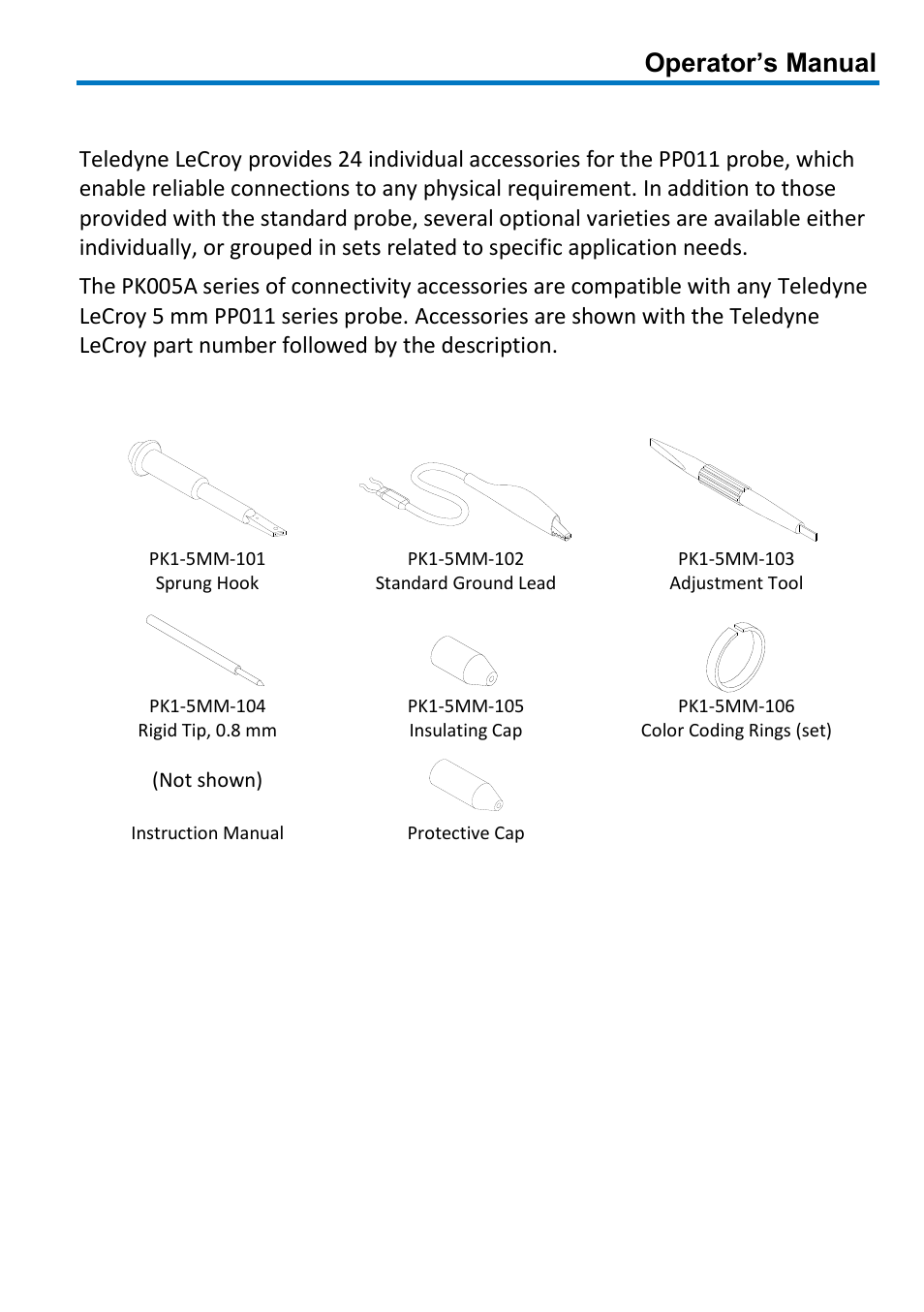 Connectivity accessories, Standard accessories, Operator’s manual | Teledyne LeCroy PP011 User Manual | Page 9 / 20