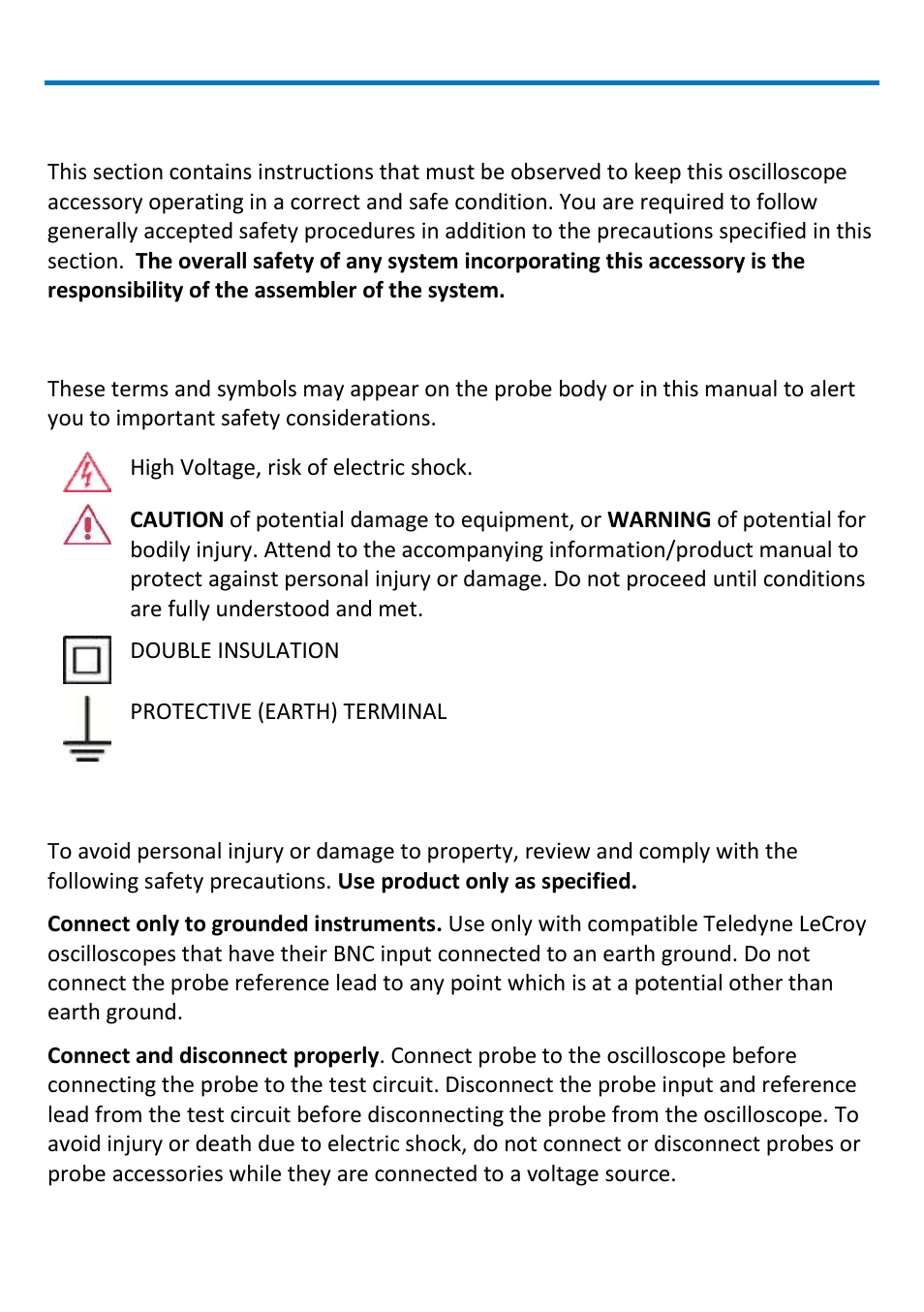 Safety instructions, Symbols, Precautions | Teledyne LeCroy PP016 User Manual | Page 4 / 12