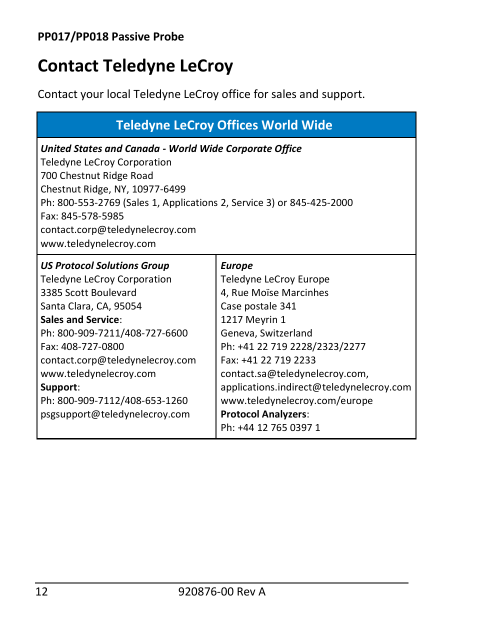 Contact teledyne lecroy | Teledyne LeCroy PP018 User Manual | Page 14 / 16