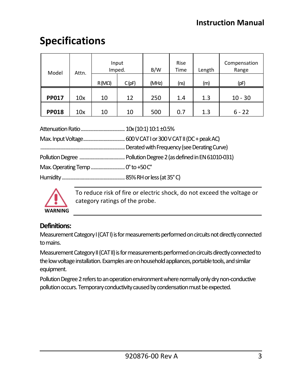 Specifications, Instruction manual, Definitions | Teledyne LeCroy PP018 User Manual | Page 5 / 16