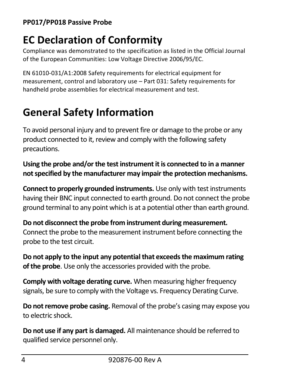 Ec declaration of conformity, General safety information | Teledyne LeCroy PP018 User Manual | Page 6 / 16