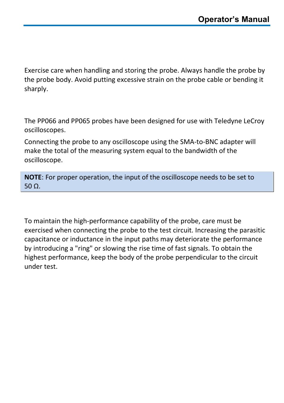 Operation, Handling the probe, Connecting the probe to the test instrument | Connecting the probe to the test circuit | Teledyne LeCroy PP066 User Manual | Page 7 / 16