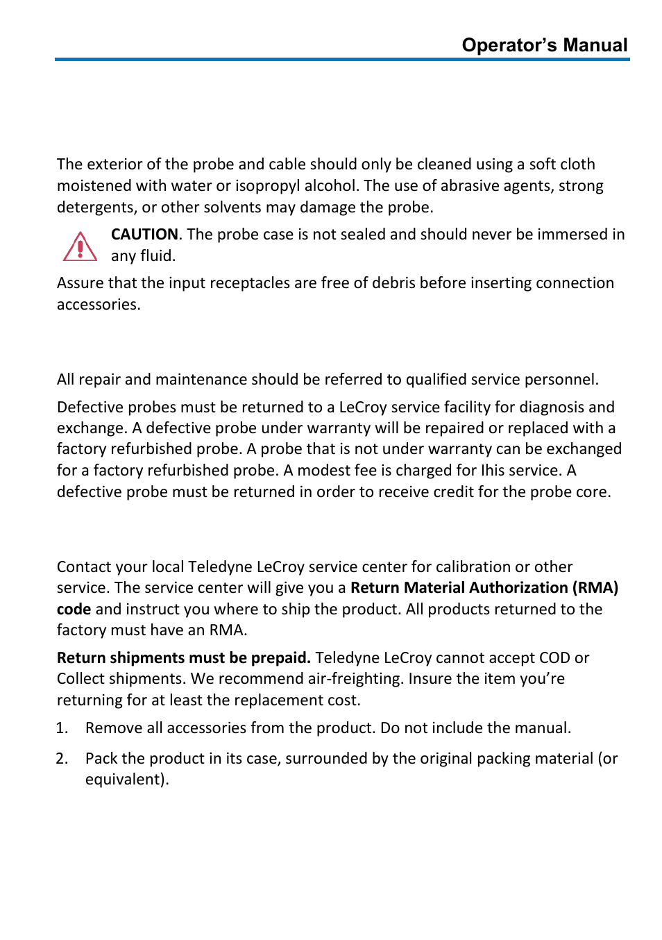 Care and maintenance, Cleaning, Service strategy | Returning a probe | Teledyne LeCroy PP066 User Manual | Page 9 / 16
