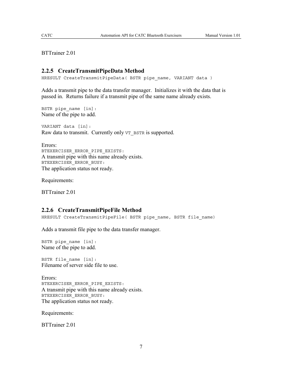 5 createtransmitpipedata, Method, 6 createtransmitpipefile | Teledyne LeCroy Automation API for Bluetooth Exercisers User Manual | Page 10 / 17