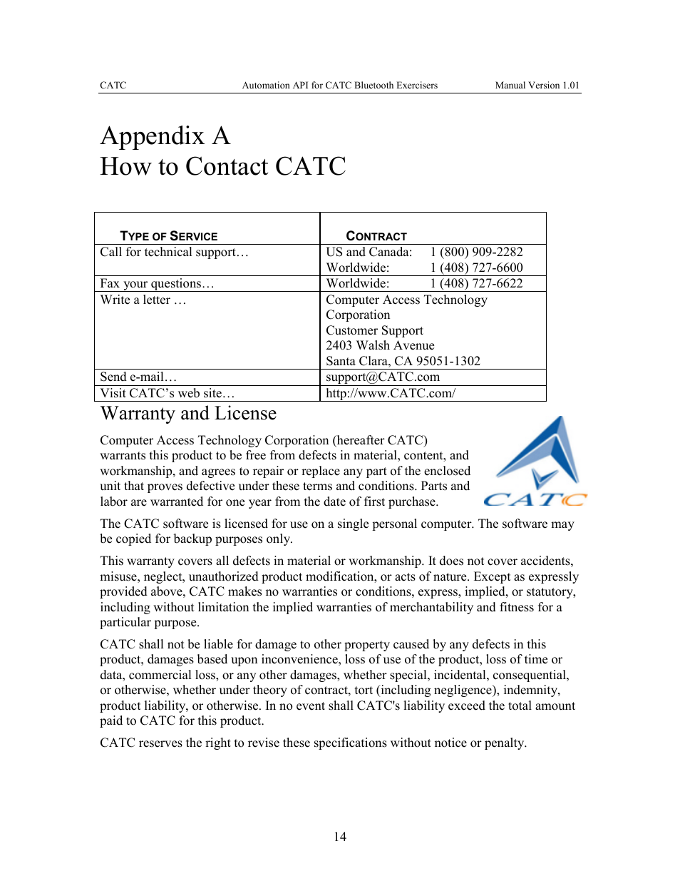 Appendix a how to contact catc, Warranty and license | Teledyne LeCroy Automation API for Bluetooth Exercisers User Manual | Page 17 / 17