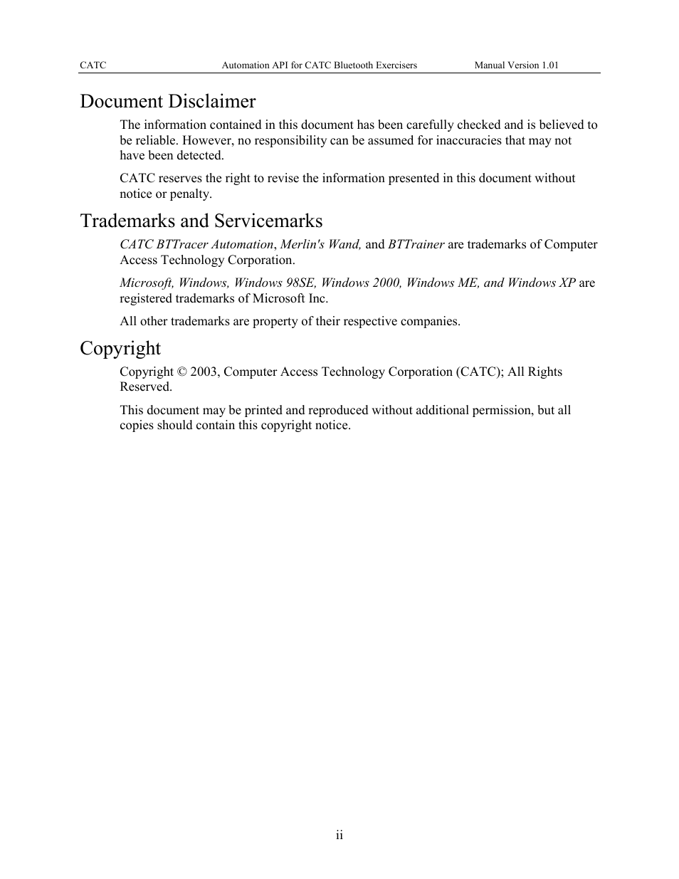 Document disclaimer, Trademarks and servicemarks, Copyright | Teledyne LeCroy Automation API for Bluetooth Exercisers User Manual | Page 2 / 17