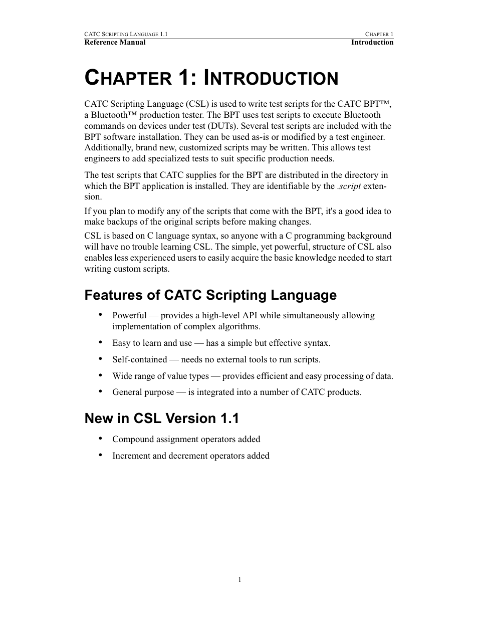 Chapter 1: introduction, Features of catc scripting language, New in csl version 1.1 | 1 introduction, Hapter, Ntroduction | Teledyne LeCroy BPT - References Manual User Manual | Page 5 / 46