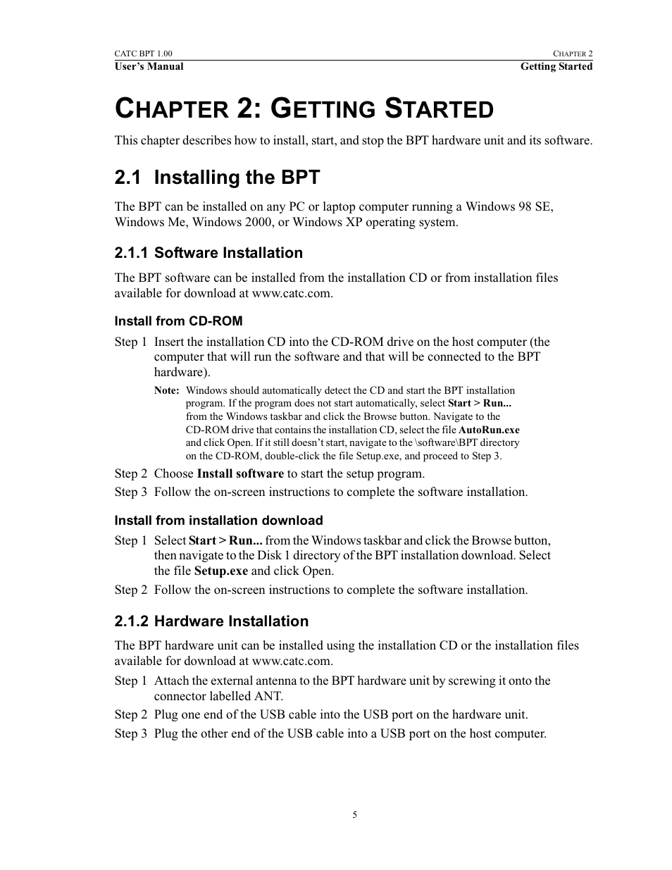 Chapter 2: getting started, 1 installing the bpt, 1 software installation | Install from cd-rom, Install from installation download, 2 hardware installation, 2 getting started, Installing the bpt, Software installation, Hardware installation | Teledyne LeCroy BPT - Users Manual User Manual | Page 11 / 28