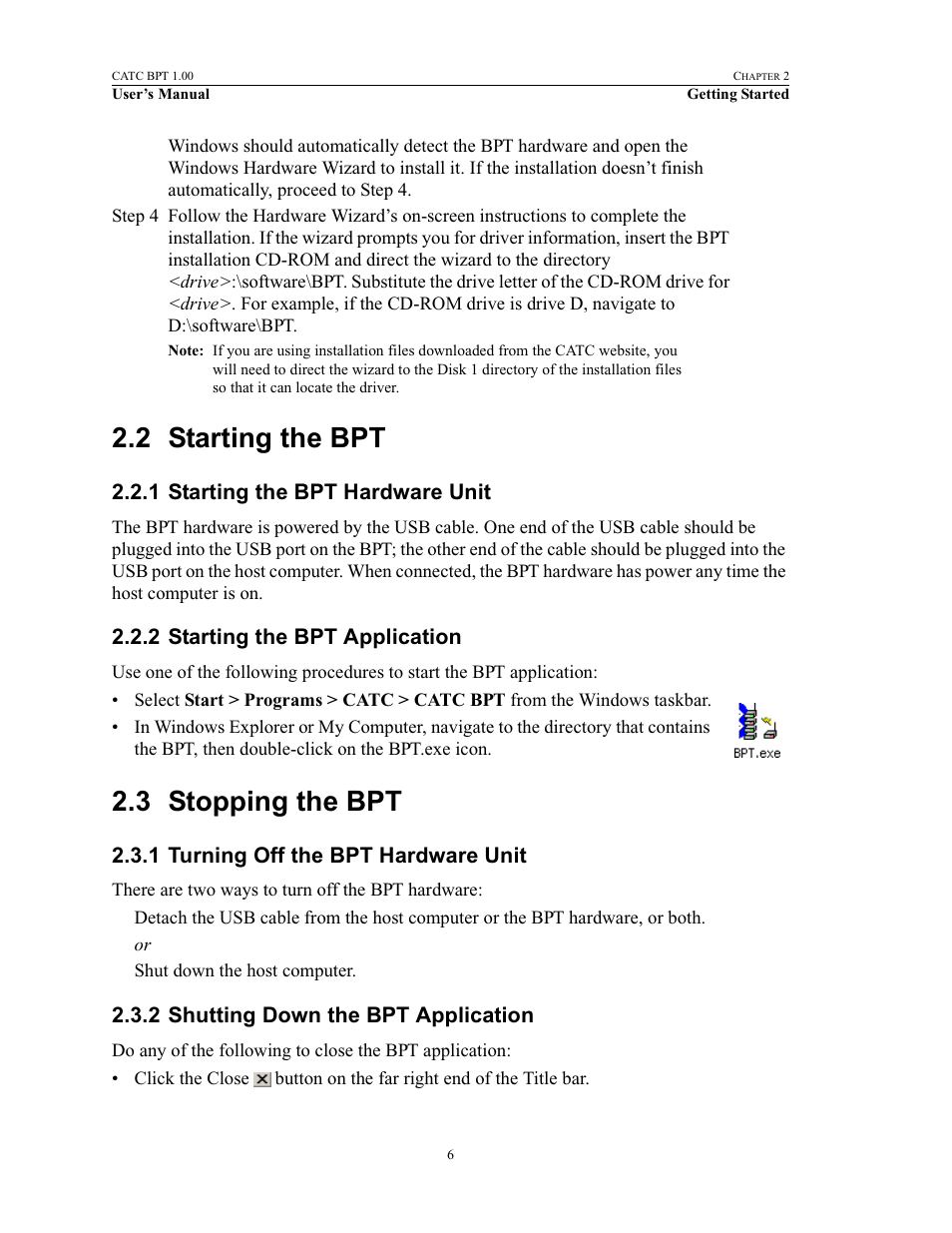 2 starting the bpt, 1 starting the bpt hardware unit, 2 starting the bpt application | 3 stopping the bpt, 1 turning off the bpt hardware unit, 2 shutting down the bpt application, Starting the bpt, Stopping the bpt | Teledyne LeCroy BPT - Users Manual User Manual | Page 12 / 28