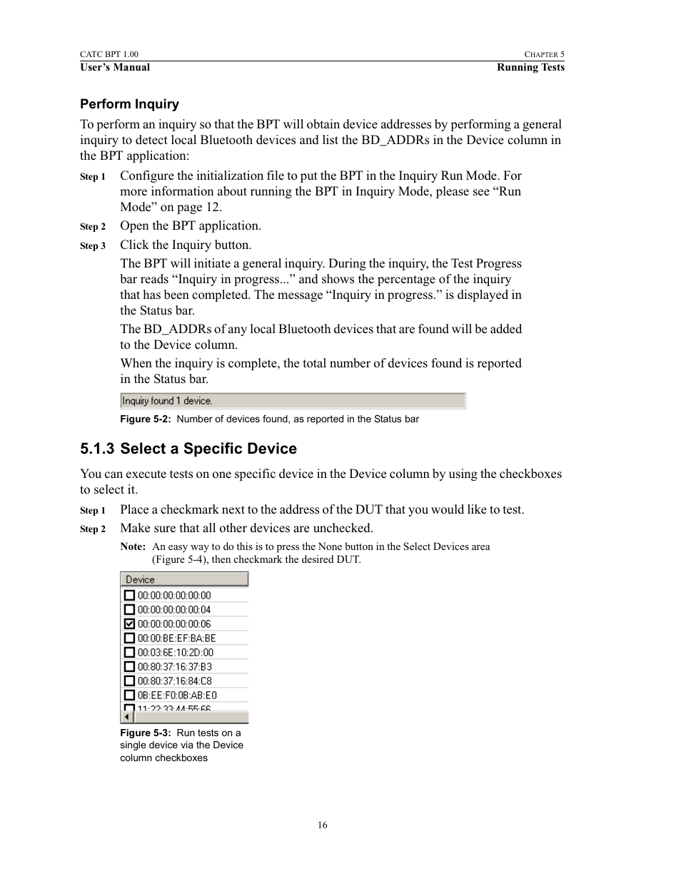 Perform inquiry, 3 select a specific device, Select a specific device | Ned in sections 5.1.3–5, Ges 16–17 | Teledyne LeCroy BPT - Users Manual User Manual | Page 22 / 28