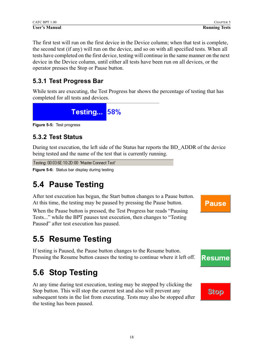 1 test progress bar, 2 test status, 4 pause testing | 5 resume testing, 6 stop testing, Test progress bar test status, Pause testing resume testing stop testing | Teledyne LeCroy BPT - Users Manual User Manual | Page 24 / 28