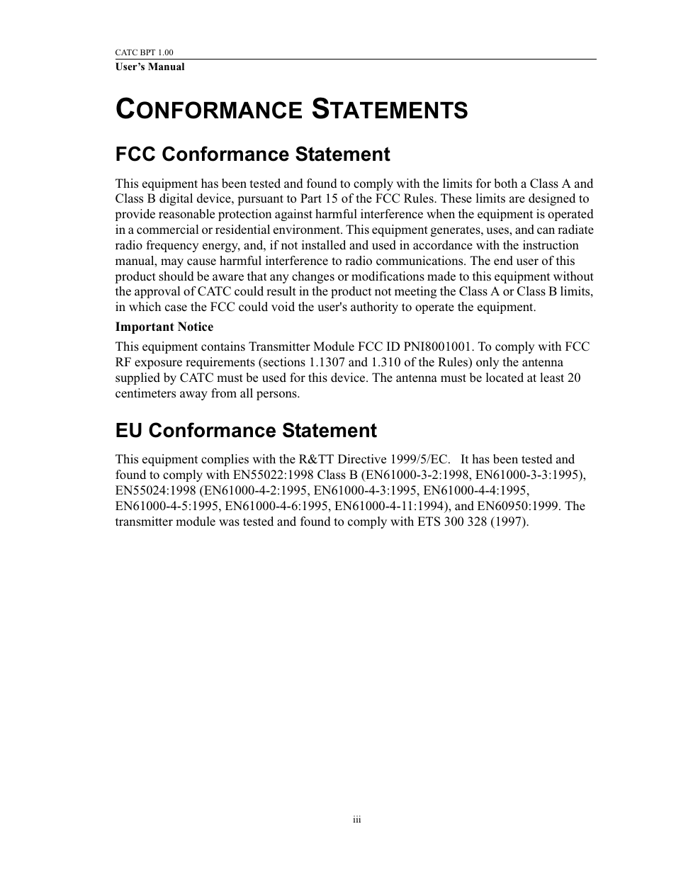 Conformance statements, Fcc conformance statement, Eu conformance statement | Onformance, Tatements | Teledyne LeCroy BPT - Users Manual User Manual | Page 3 / 28