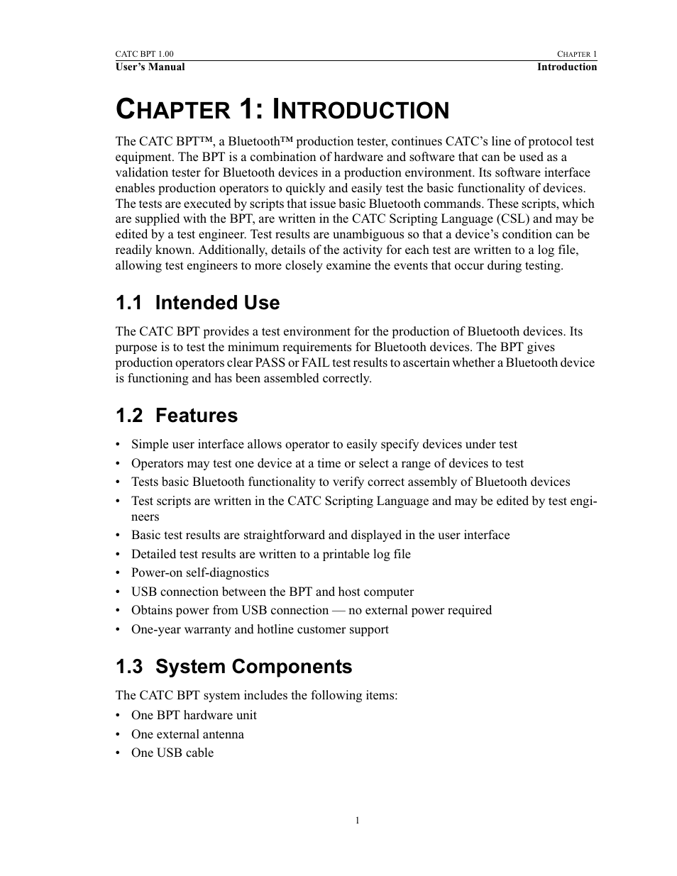 Chapter 1: introduction, 1 intended use, 2 features | 3 system components, 1 introduction, Intended use features system components, Hapter, Ntroduction | Teledyne LeCroy BPT - Users Manual User Manual | Page 7 / 28