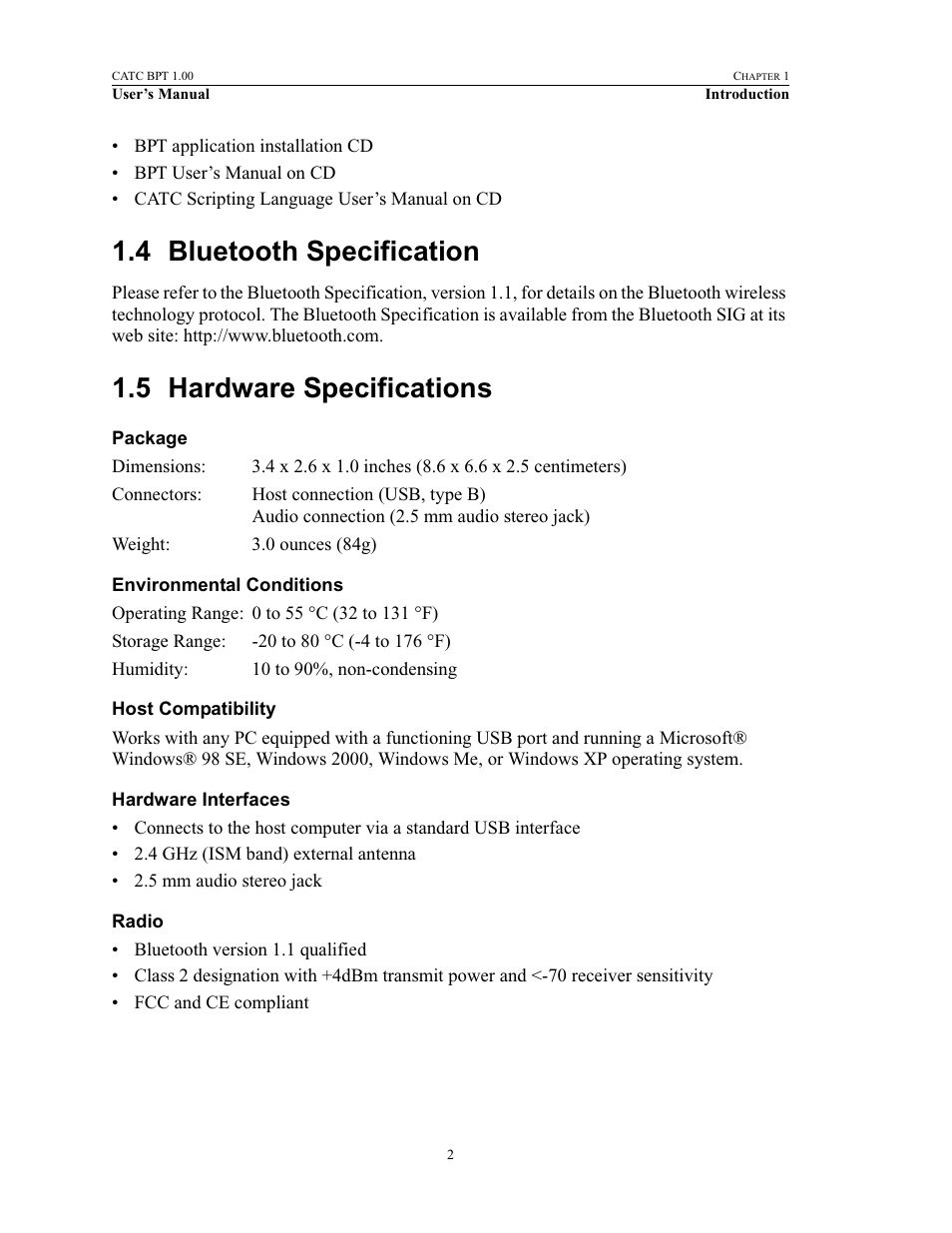 4 bluetooth specification, 5 hardware specifications, Package | Environmental conditions, Host compatibility, Hardware interfaces, Radio, Bluetooth specification hardware specifications | Teledyne LeCroy BPT - Users Manual User Manual | Page 8 / 28