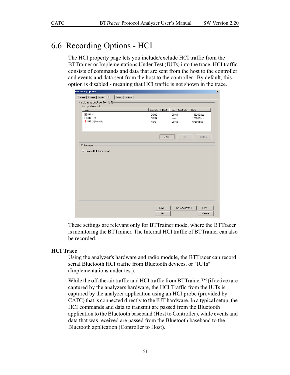 6 recording options - hci, Hci trace, Recording options - hci | Teledyne LeCroy BTTracer_Trainer - BTTracer Users Manual User Manual | Page 101 / 197